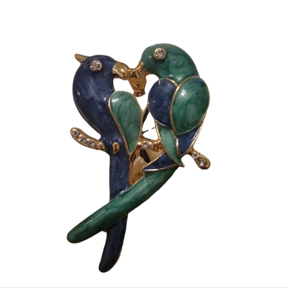 AK Anne Klein Bird enamel rhinestones Blue green pin brooches - Picture 2 of 4
